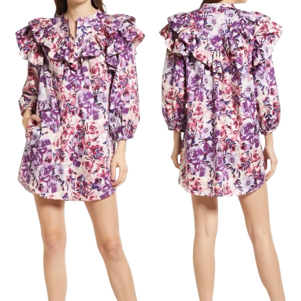 Something Navy Purple Floral Ruffle Shift Mini Dress Button Down size Large